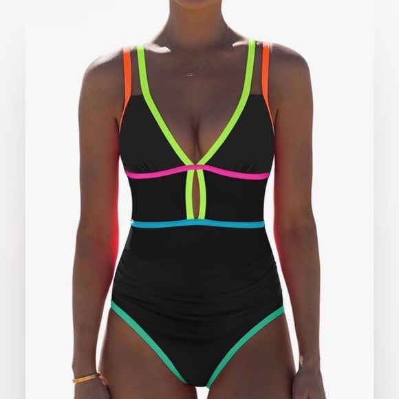 Popvil Other - Popvil One Piece Swimsuit Tummy Control Cutout Black Neon Color Block Adj L NWT